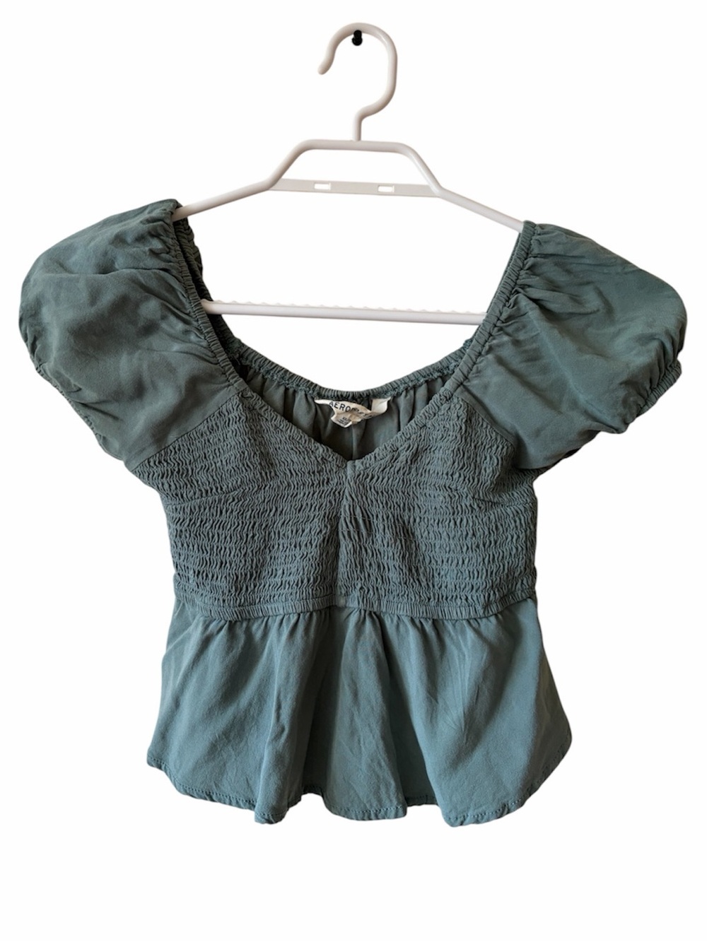 Aeropostale Y2K Green Puff Sleeve Babydoll Top Fairycore Smocked Peplum Blouse